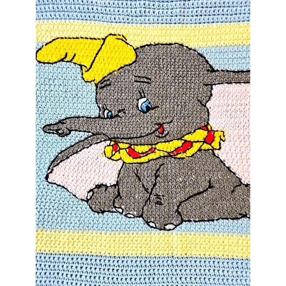 Dumbo Baby Blanket Handknit Crochet Blue Yellow Soft Knit Elephant Nursery Decor - Picture 5 of 13